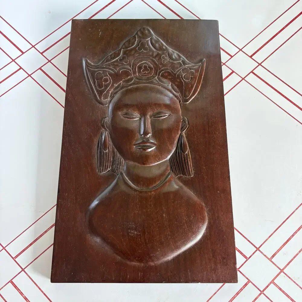 Vintage Haitian Hand Carved Wood Wall Plaque Featuring Zen Buddha Style Woman